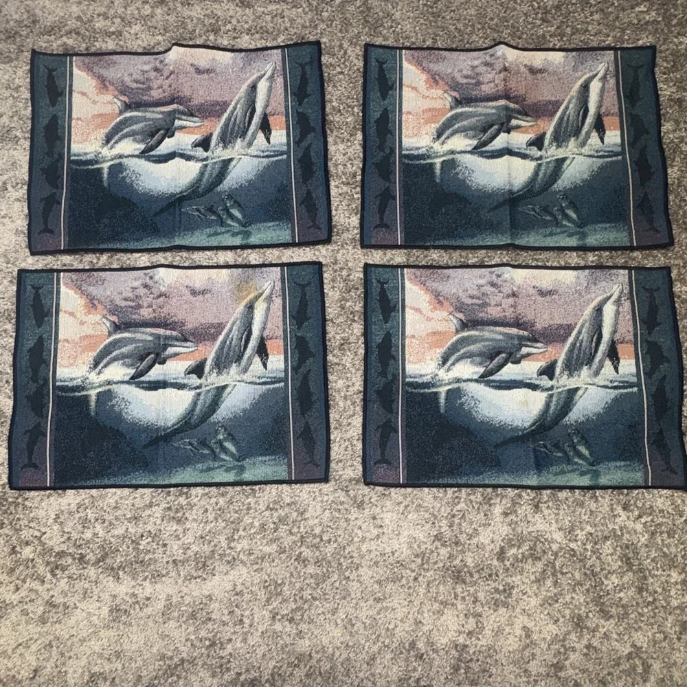 4 Ocean Water Sea Life Theme Tapestry Table Placemats 13‎ x 19 Dolphins Vtg